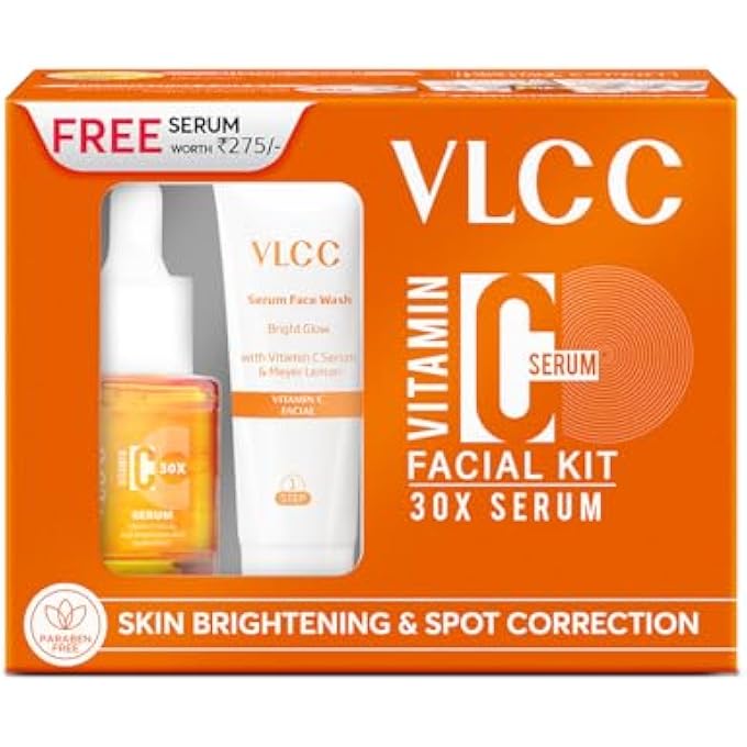 VLCC VITAMIN C SERUM FACIAL KIT - 135G | SKIN BRIGHTENING FACIAL KIT | SKIN BRIGHTENING FACIAL AT HOME | FADES SPOTS AND DULLNESS | VITAMIN C, HYALURONIC ACID & FERULIC ACID - Image 1